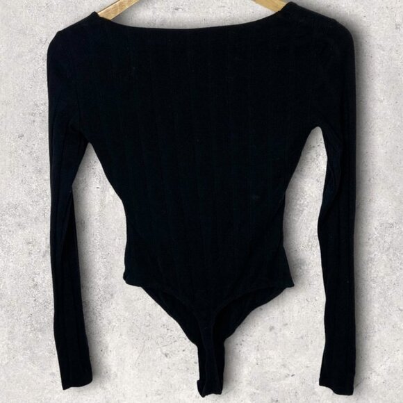 Free People Black Square Neck Ribbed Knit Bodysuit Revolve Size XS Beside Me Rib - Picture 5 of 14